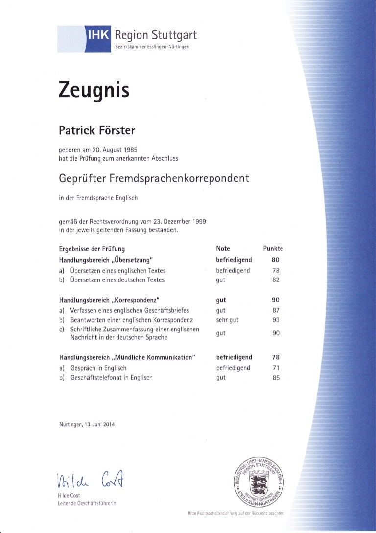 IHK - Zeugnis Fremdsprachenkorrespondent
