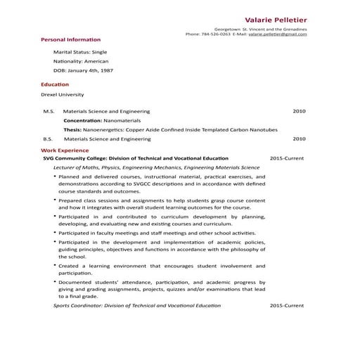 Valarie Pelletier CV Jun 2016
