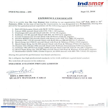 Indamer Experience Certificate | PDF
