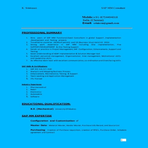 SRINIVASAN SAPMMRESUME