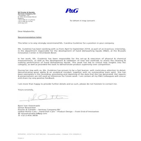 P&G Letter - Recommendation letter Carolina Gutierrez | PDF