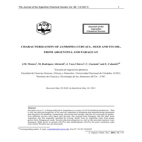 Characterization Of Jatropha Curcas L. Seed And Its Oil