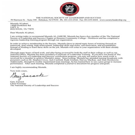 National Society of Leadership and Sucess Recommendation Letter | DOCX