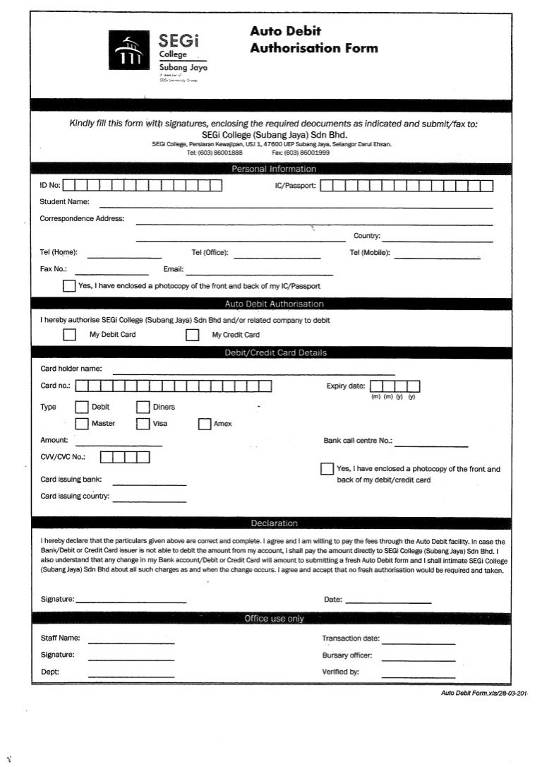 auto debit authorisation form 1 1 auto debit authorization form