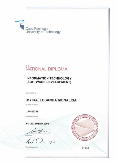 Diploma certificate CPUT | PDF