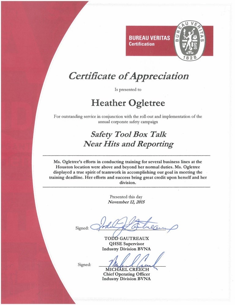 Appreciation Certificate Near Hits Safety Campaign