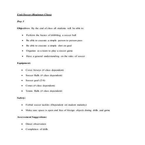 Unit Soccer Lesson Plan Day 3 Beginner Docx