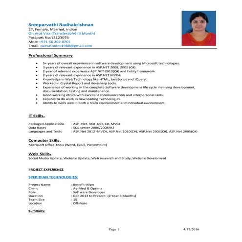 sreeparvathi Resume