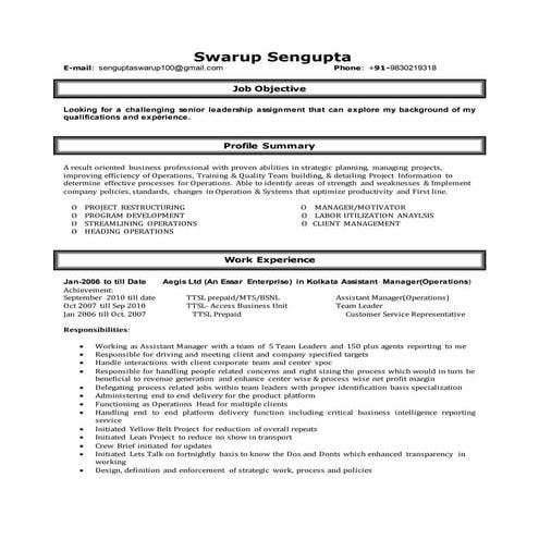 Resume of Swarup Sengupta
