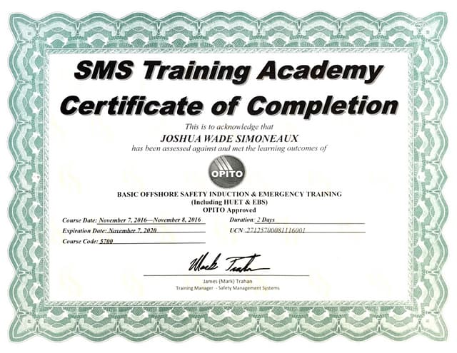 Joshua Simoneaux BOSIET Certificate PPT Joshua Simoneaux BOSIET Certificate PPT