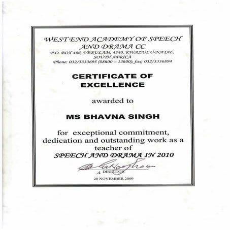 West End Academy Of Speech Drama Certifiacte 2010