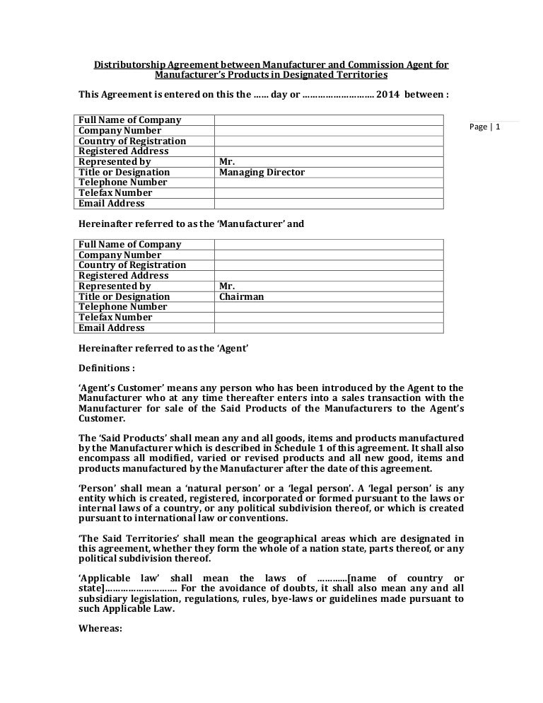 Distributorship Agreement with Commission Agent for Manufacturers' Pr…