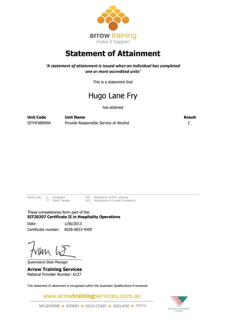 Statement of Attainment Responsible Service of Alcohol | PDF