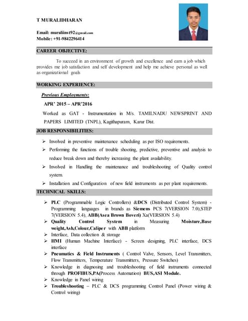 Muralidharan T, Engineer trainee for engery instrument at tnpl at Tnpl