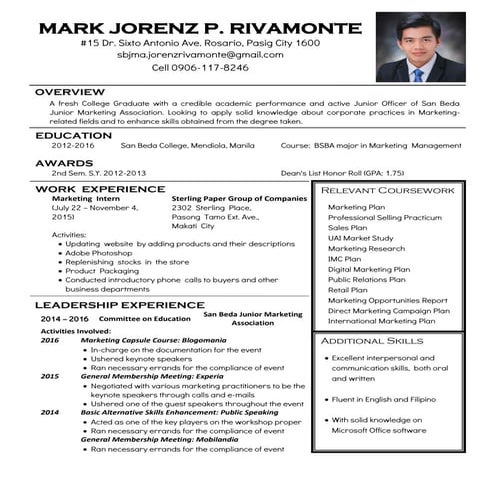 RESUME - MARK JORENZ RIVAMONTE | PDF