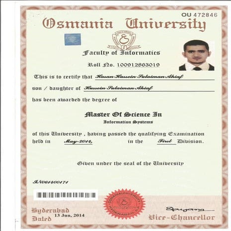 Master's Degree Certificate In IS