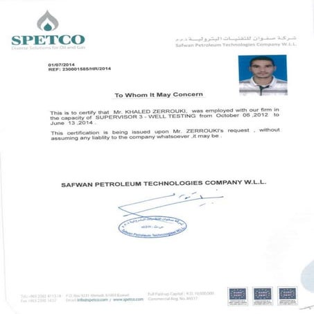 SPETCO experience certificate
