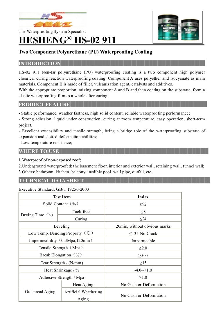 HS02 911 Two Component Polyurethane (PU) Waterproofing Coating
