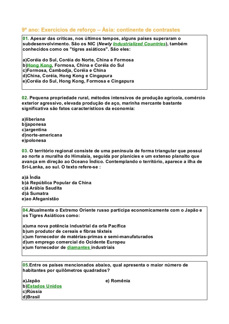 Exercicios Sobre A Asia 9 Ano Com Gabarito