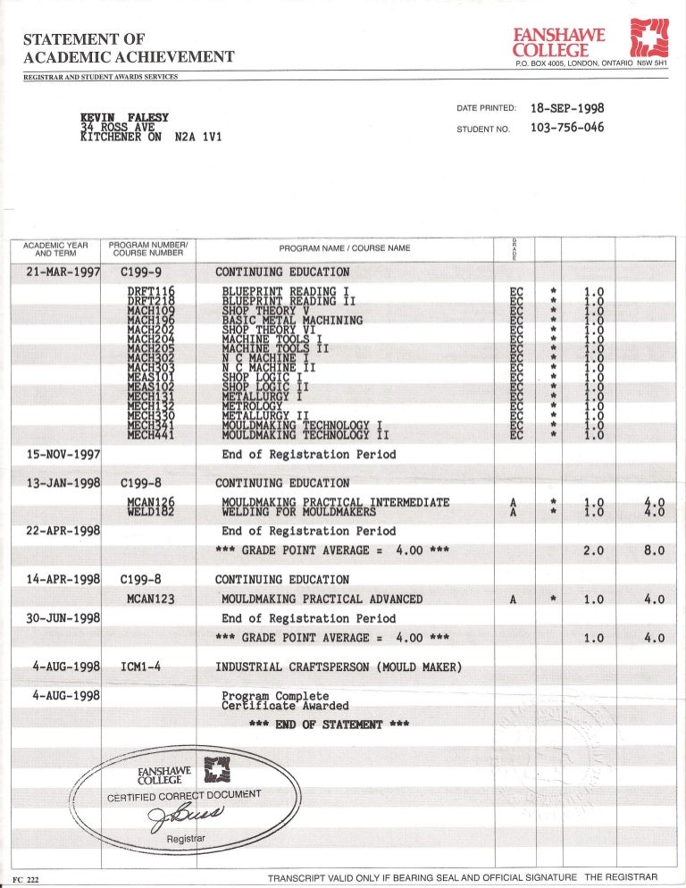Fanshawe College Progress Report