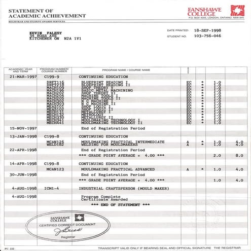 Fanshawe College Progress Report