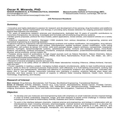 Oscar R Miranda CV 2015 A, Faculty Position