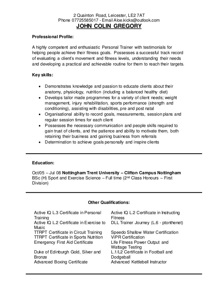 curriculum vitae john gregory personal trainer uk