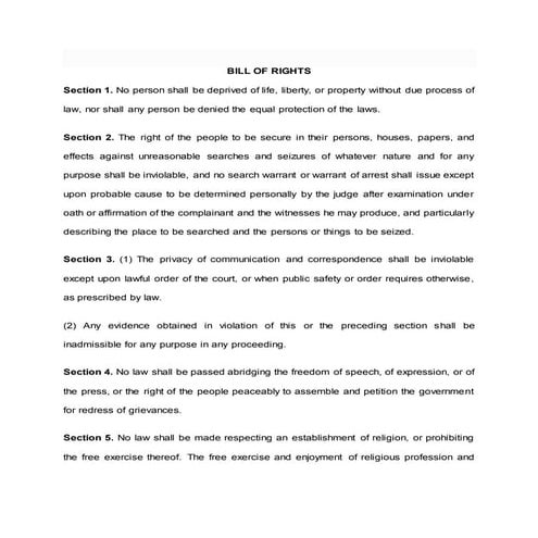 Philippine Constitution 1987 (Article 3 - Bill of Rights) | PPTX