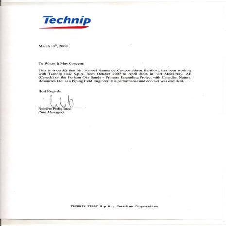 RECOMMENDATION LETTER FROM TECHNIP ITALY
