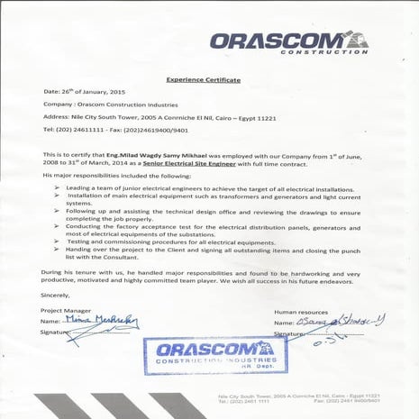 Orascom Experience Certificate | PDF
