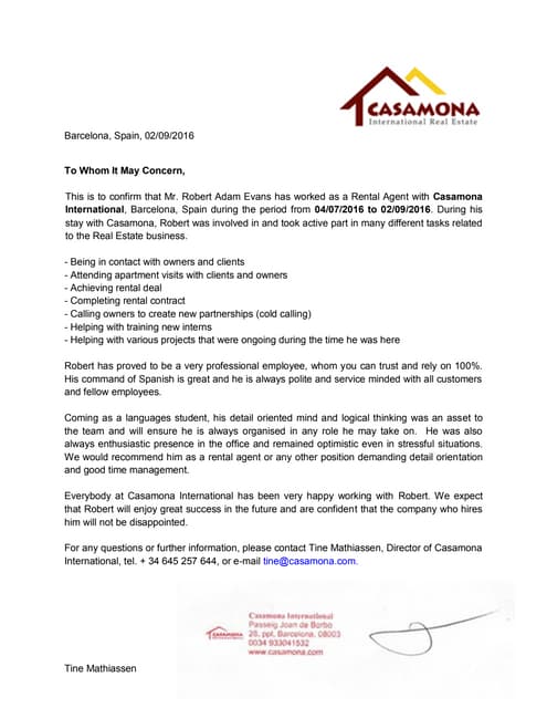 Robert Evans Casamona Reference Letter