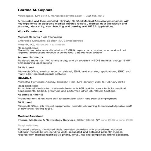 Gardoe M Cephas's professional resume