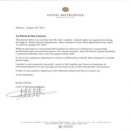 Reference Letter Hotel Metropole