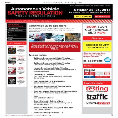 Autonomous Vehicle Safety Regulation World Congress 2016