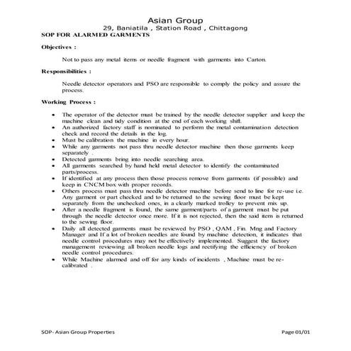 SOP FOR ALARMED GARMENTS