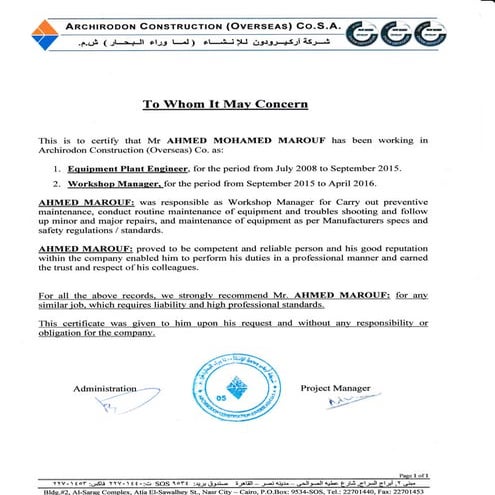 Ahmed Marouf experience certificate
