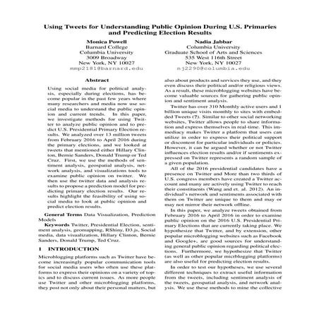 Using Tweets for Understanding Public Opinion During U.S. Primaries and Predi...
