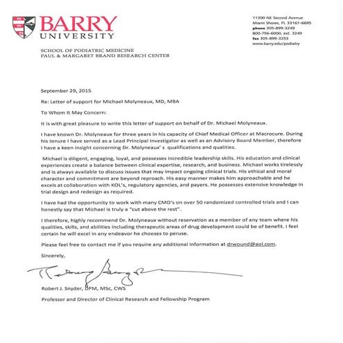 Recommendation from Dr. Snyder