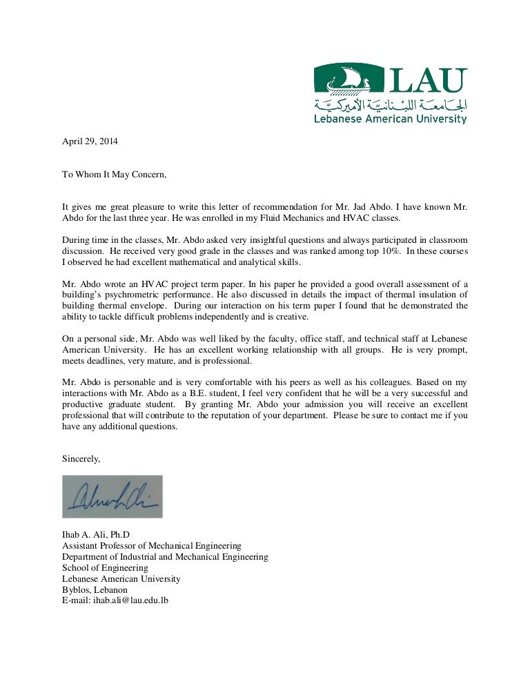 recommendation letter ihab ali letter of recommendation for ms in mechanical engineering
