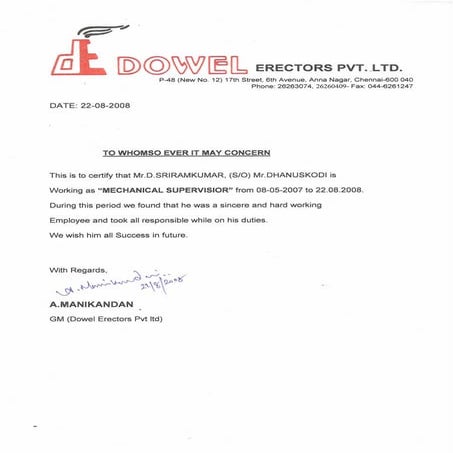 DOWELL EXP LETTER | PDF