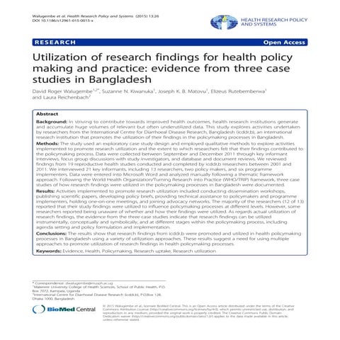 Utilization of research findings fro health policy making and practice eviden...