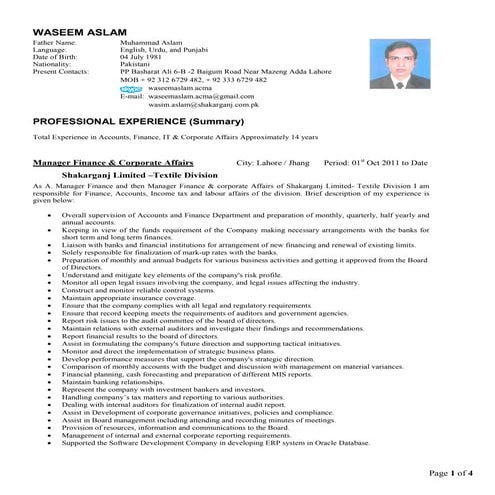 Manager Finance & Corporate Affairs with 14 years of Experience | PDF