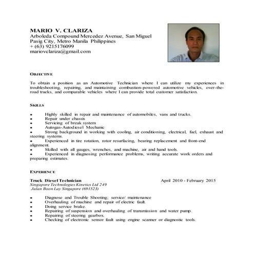 Mario V. Clariza Resume Automotive Technician