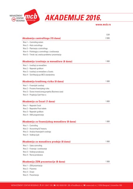 MCB Katalog otvorenih treninga Proleće 2016