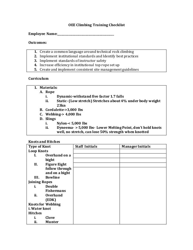 OEE Climbing Training Checklist 2015