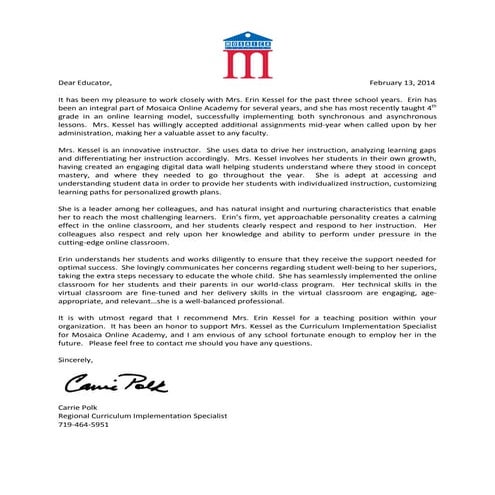 Kessel Polk Letter of Recommendation
