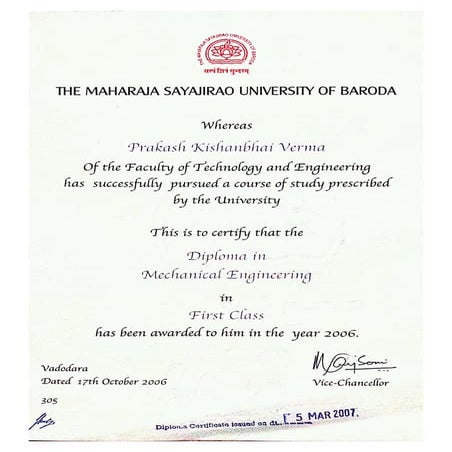 Diploma In Mechanical Engg Certificate