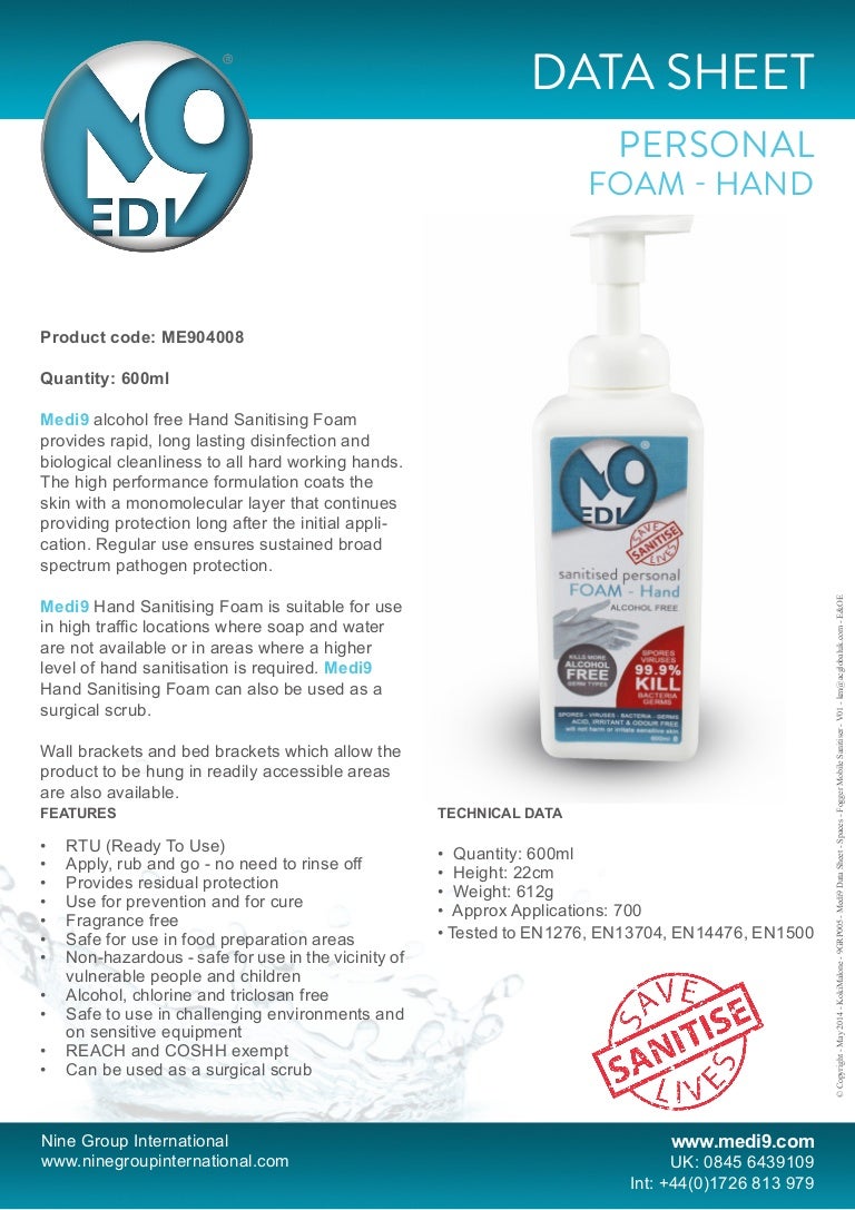 Medi9 Alcohol Free Foaming Hand Sanitiser Data Sheet
