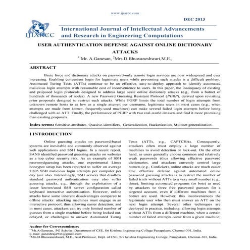 USER AUTHENTICATION DEFENSE AGAINST ONLINE DICTIONARY ATTACKS