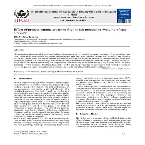 Effect of process parameters using friction stir processing /welding of steel...